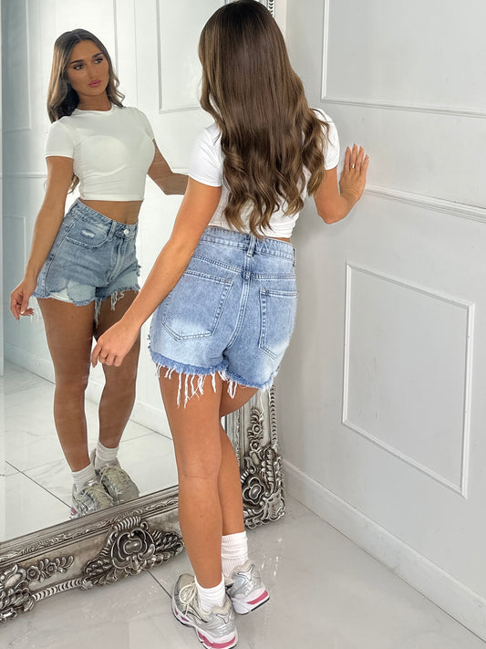 Distressed High Waisted Denim Shorts - Washed Blue