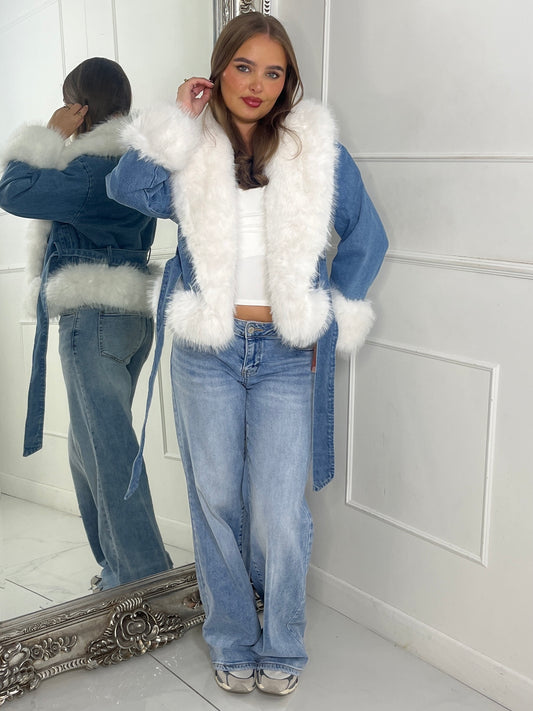 Denim Fur trim Detail Jacket - Blue/White