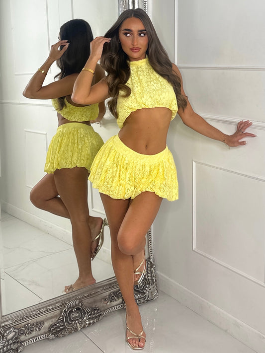 Backless High Neck Top & Band Detail Puffball Skort - Yellow Lace