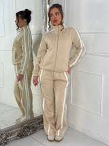 Side Stripe Collared Zip Up Jacket & Joggers Tracksuit - Beige