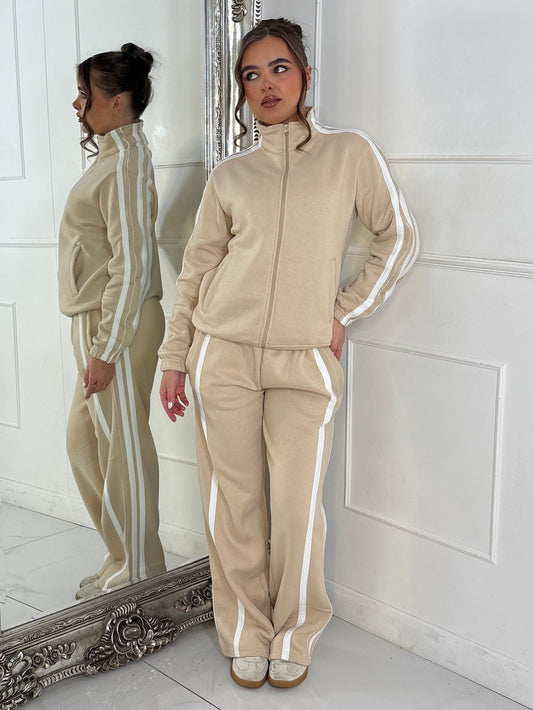 Side Stripe Collared Zip Up Jacket & Joggers Tracksuit - Beige