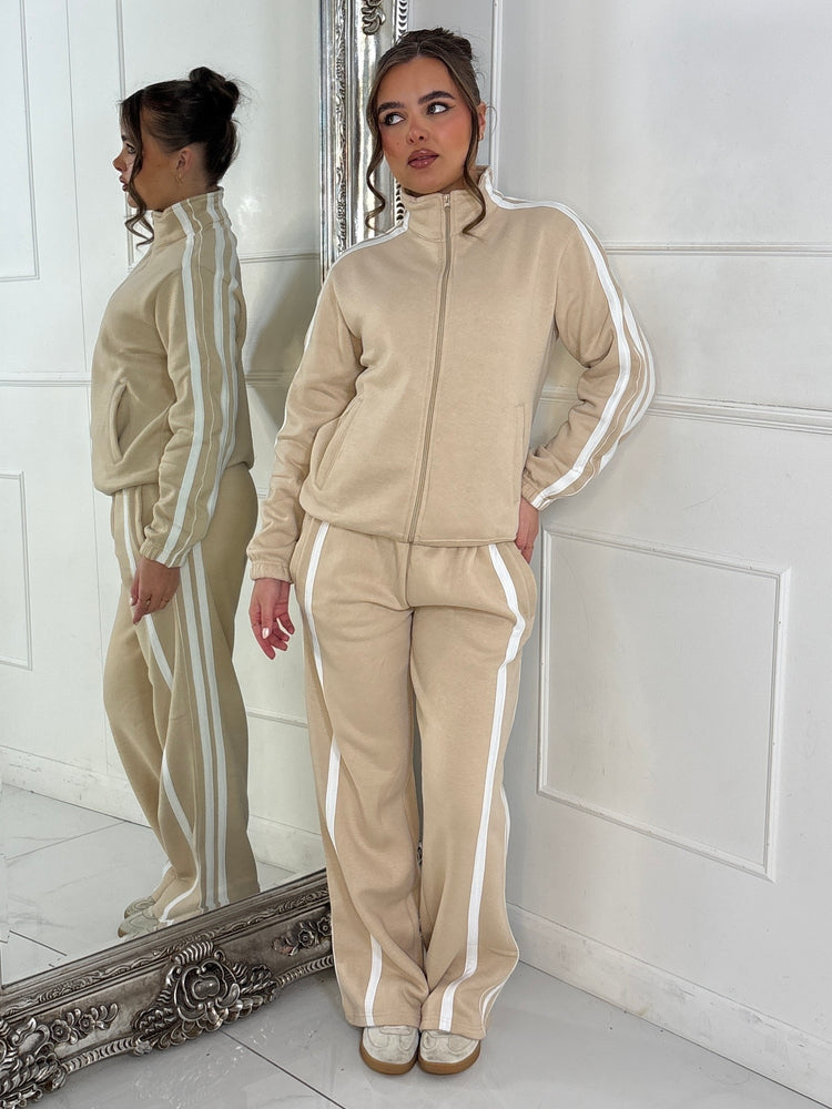 Side Stripe Collared Zip Up Jacket & Joggers Tracksuit - Beige