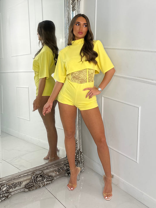 Padded Shoulder Overlay Lace Playsuit - Yellow