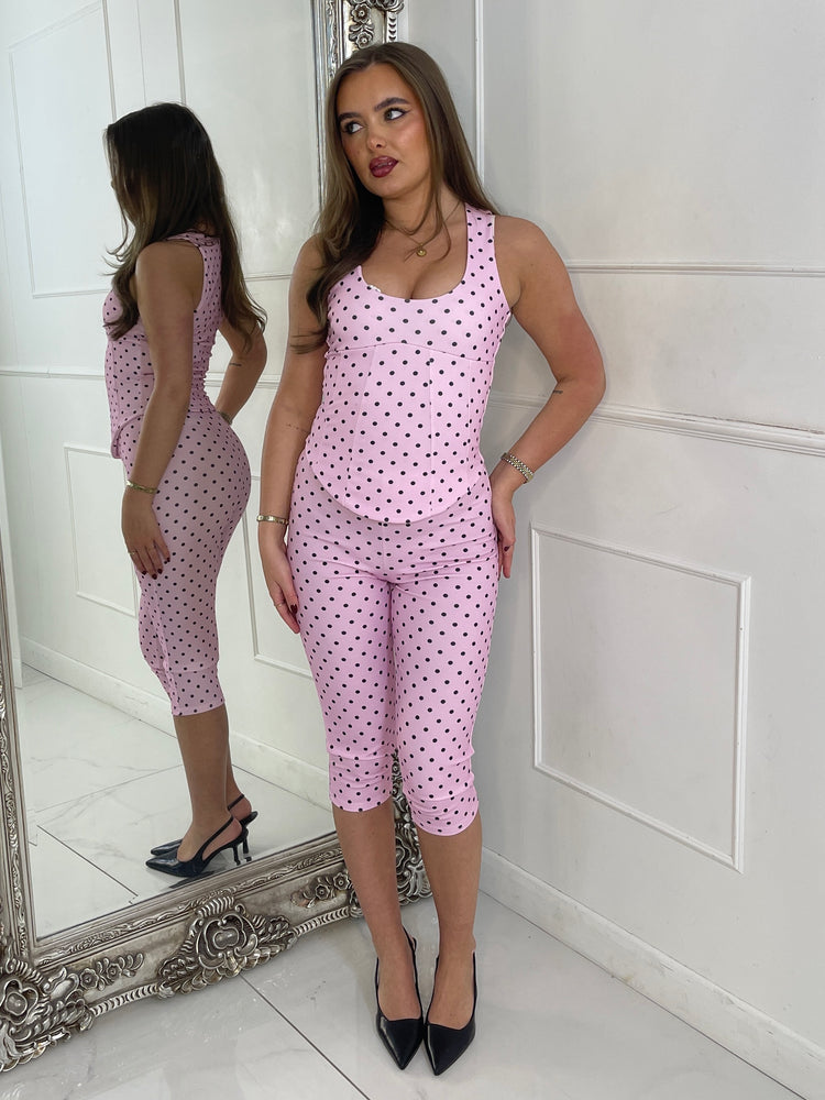 Polka Dot Corset & Capri Set - Baby Pink