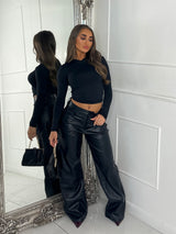 PU Leather Look Wide Leg Jeans - Black