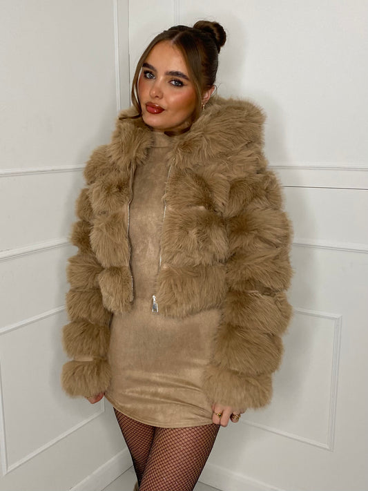 Hooded Faux Fur Jacket- Chesnut