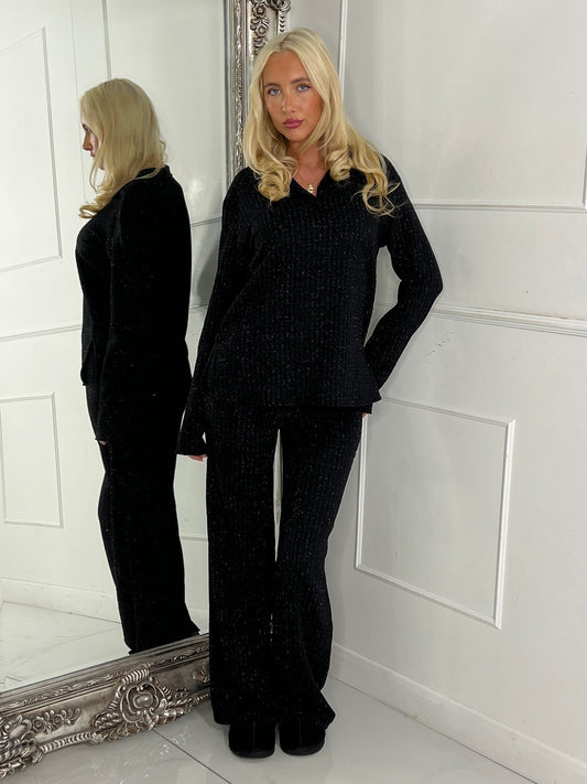 Lurex Glitter Oversized Shirt & Wide Leg Pants Co-Ord - Black