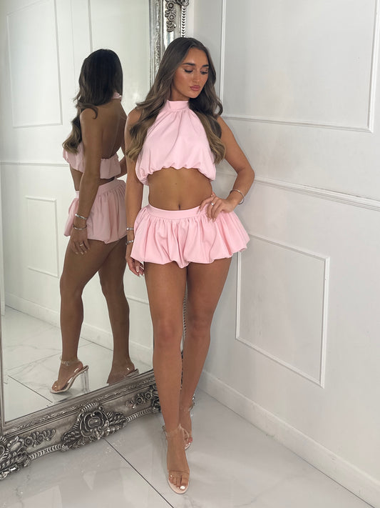 Backless High Neck Top & Band Detail Puffball Skort - Baby Pink