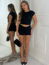 Mesh Ruffle Top & Mini Shorts Set - Black