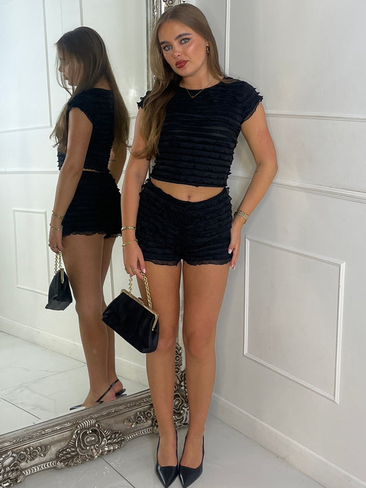 Mesh Ruffle Top & Mini Shorts Set - Black