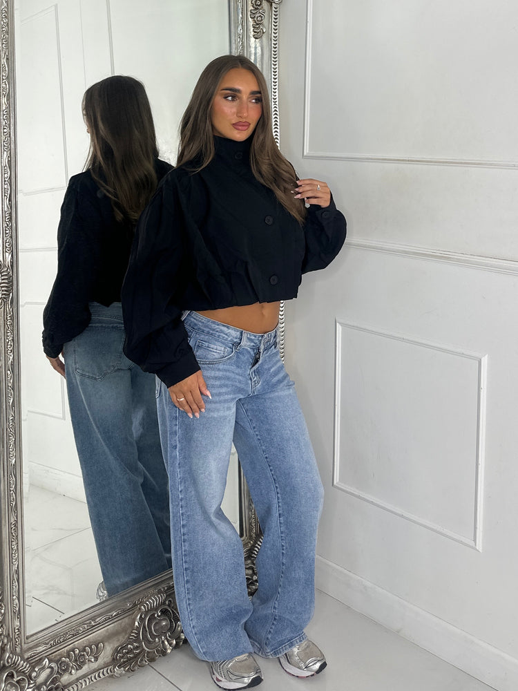 Mila Cropped Balloon Sleeve Jacket - Black