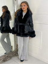 Faux Fur & Pu Contrast Waterfall Jacket - Black