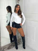 Beaded Neckline Detail Long Sleeve Bodysuit - White / Silver