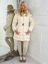 Long Padded Belted Coat With Faux Fur Hood - Cream