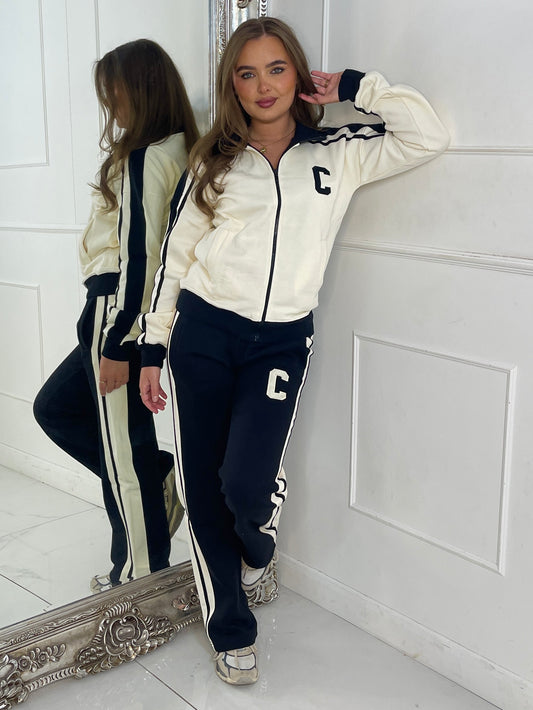 Colour Block Contrast “C” Embroidery Tracksuit - Black/Cream