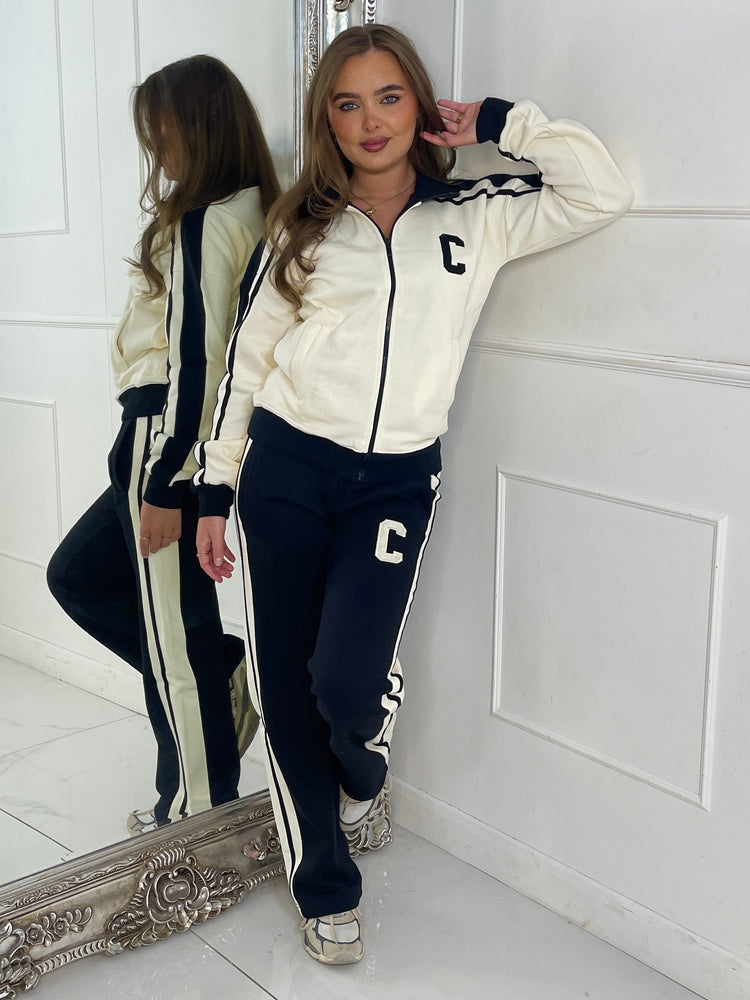 Colour Block Contrast “C” Embroidery Tracksuit - Black/Cream