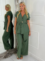 Linen Tie Waist V Neck Top & Wide Leg Pants Co-Ord - Khaki