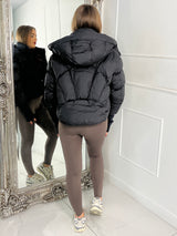 Cropped Puffer Coat With Hood - Black