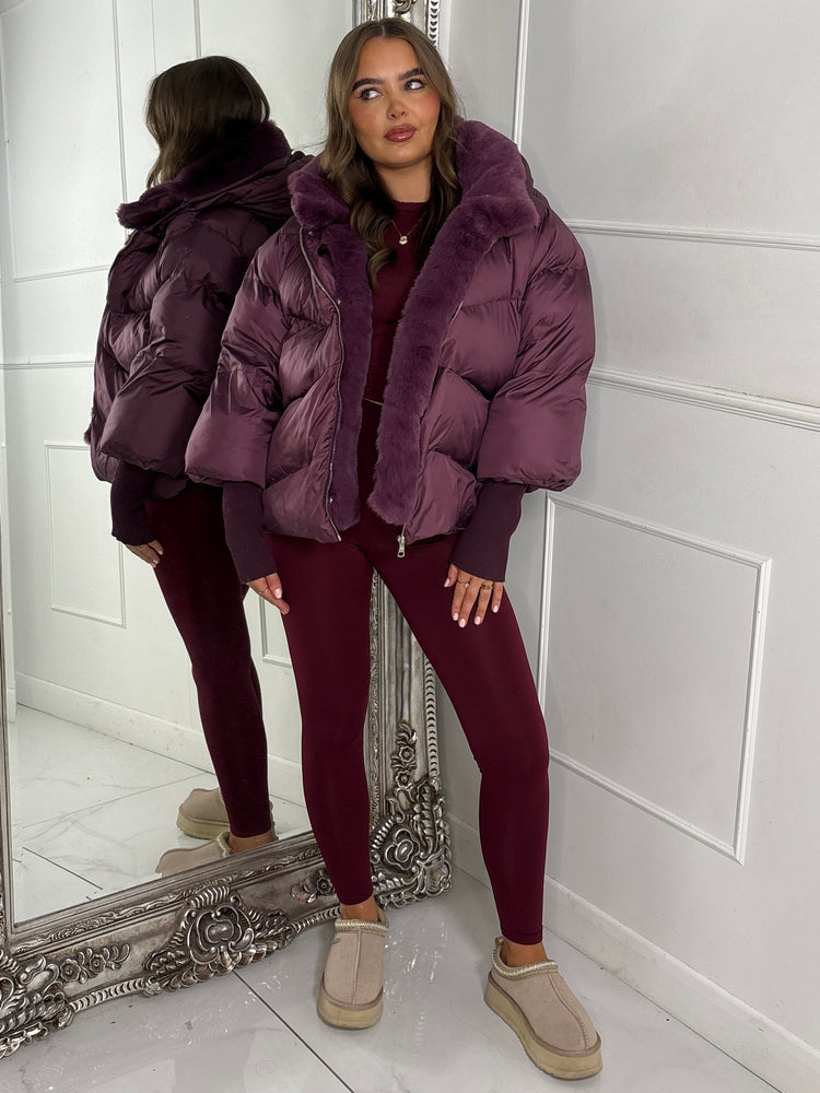 Hooded Puffer Coat With Faux Fur Trim - Wine