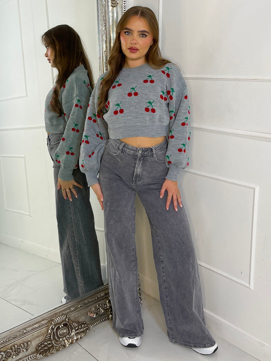 Cherry Cropped Knitted Jumper - Grey