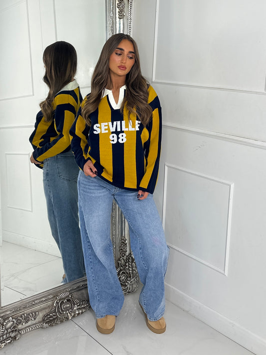 ‘Seville 98’ Striped Varsity Jumper - Yellow/Navy