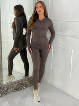 Hooded Gym Top & Gym Leggings Set - Chocolate Brown