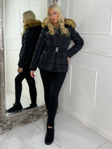 Padded Belted Coat With Faux Fur Hood - Black/Natural