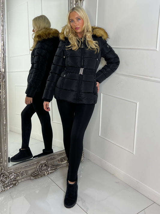 Padded Belted Coat With Faux Fur Hood - Black/Natural