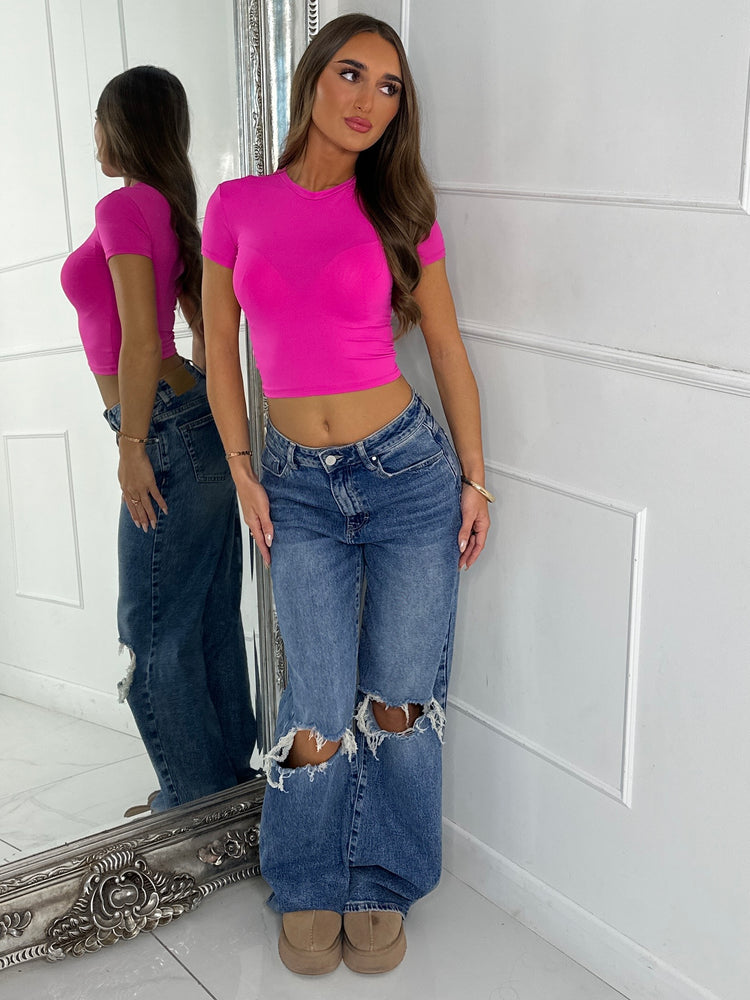 Round Neck Short Sleeve Top Second Skin - Hot Pink