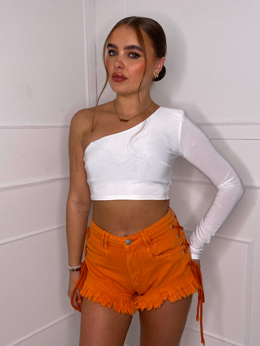 Fringe Detail Denim Lace Up Shorts - Orange/Orange