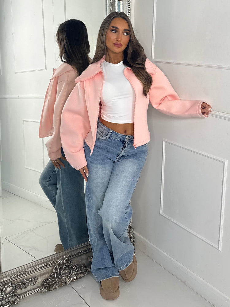 Zip Up Oversized Collar Jacket - Baby Pink