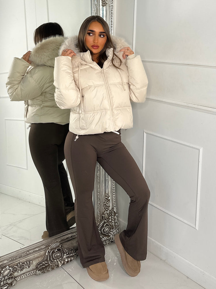 Cropped Faux Fur Trim Padded Jacket - All Cream