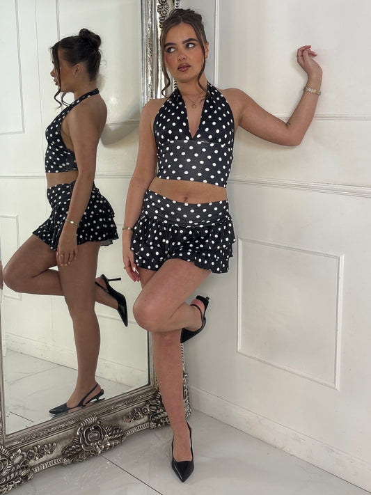 Polka Dot Halter Neck Top & Double Frill Skirt - Black