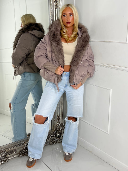 Hooded Faux Fur Puffer Coat With Buckle Detail - Grey/Mauve