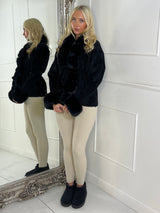 Faux Fur Trim Tie Belt Cardigan - Black