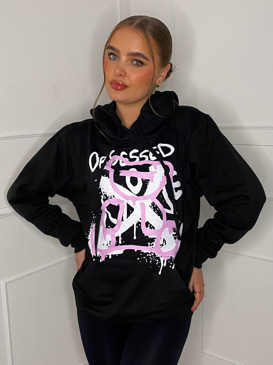 Obsessed Teddy Print Hoodie - Black