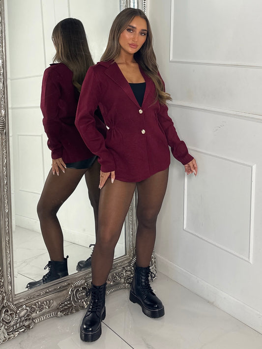 Gold Button Cinched Waist Knit Jumper - Wine