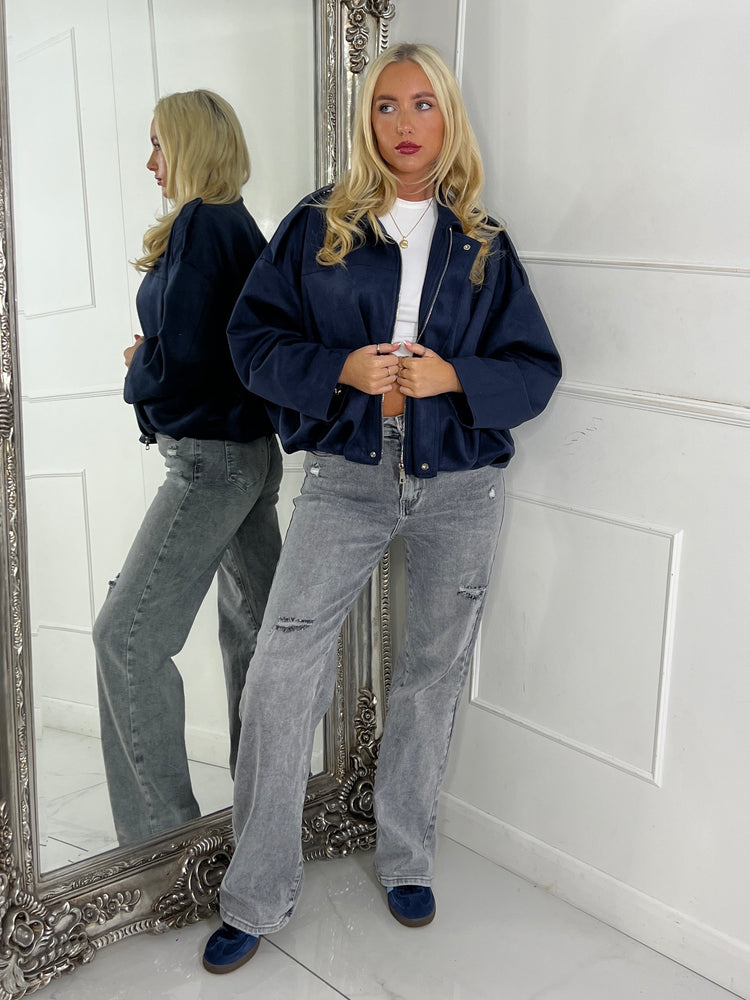 Suede Collared Oversized Bomber Jacket - Navy