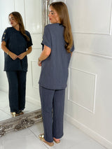 Gold Button Detail Oversized Top & Wide Leg Pants Co-Ord - Charcoal Grey