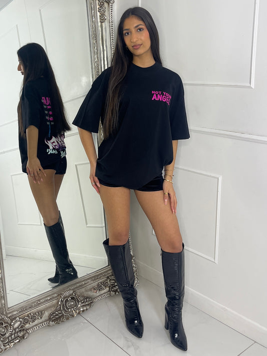 Ribbed Collar Oversized T-Shirt - Black Not Your Angel Print