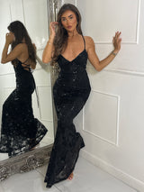 Strappy Lace Up Back Sequin Detail Maxi Dress - Black