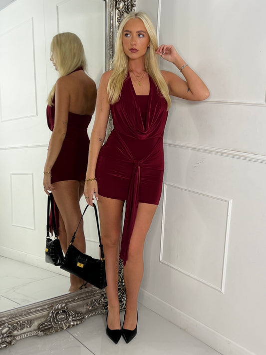 Sleeveless Cowl Neck Tie Front Dress - Wine