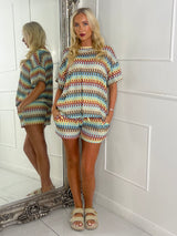 Knitted Crochet Oversized Tee & Matching Shorts Set - Yellow Multi Swirl
