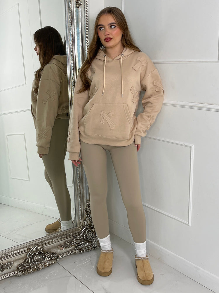 Embroidered Cross Hoodie - Beige