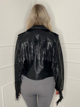 Tassel Detail Leather Look Jacket - Black