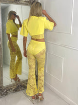 Padded Shoulder Cropped Tee With Lace Bra Underlayer & Built In Knicker Lace Flares Co-Ord - Yellow