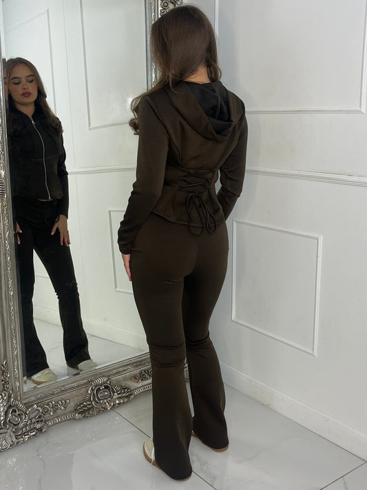 Tie Up Corset Detail Back Hoodie & Seam Detail Flared Pants - Chocolate Brown