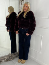 Tiered Faux Fur Round Neck Jacket - Wine