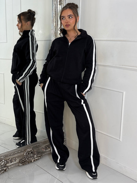 Side Stripe Collared Zip Up Jacket & Joggers Tracksuit - Black