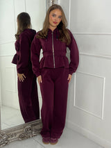 Straight Leg Trousers & Sinch Waist Detail Hoodie Co Ord - Wine